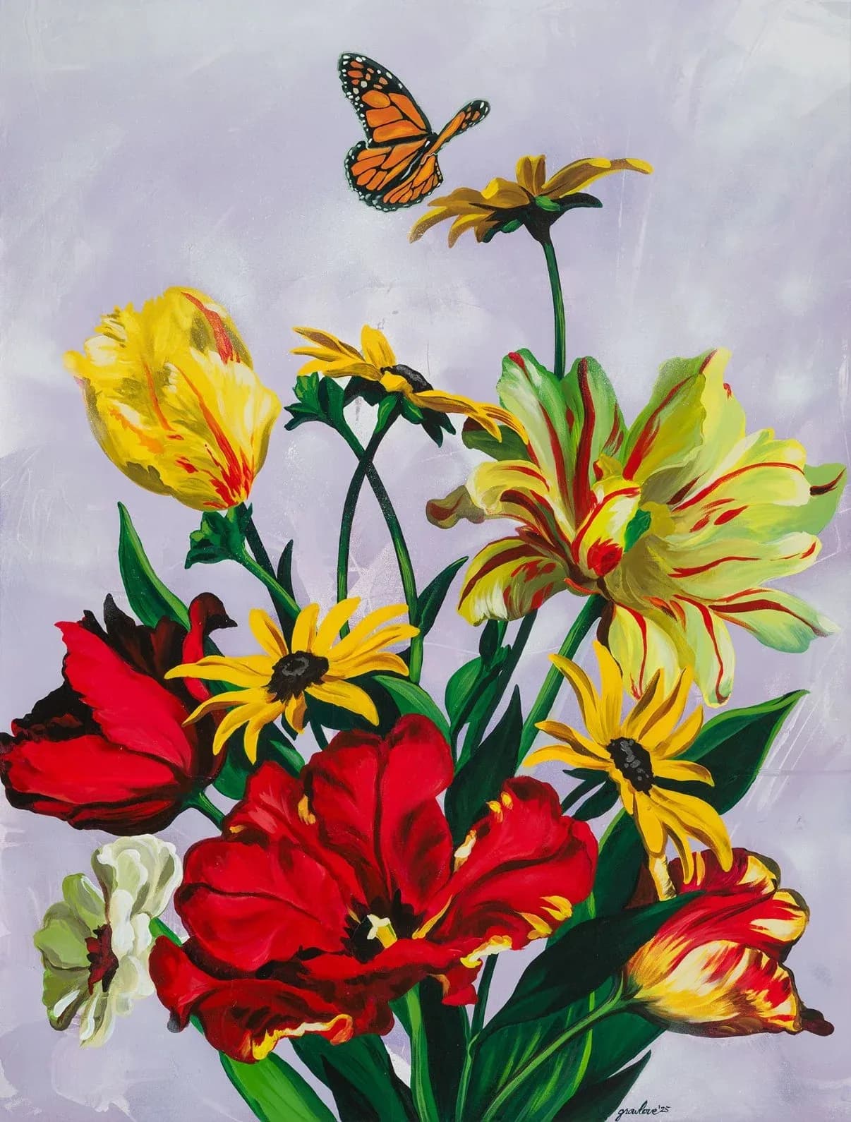 A bouquet of red, yellow, and variegated tulips and dahlias with a monarch butterfly, painted in acrylic.