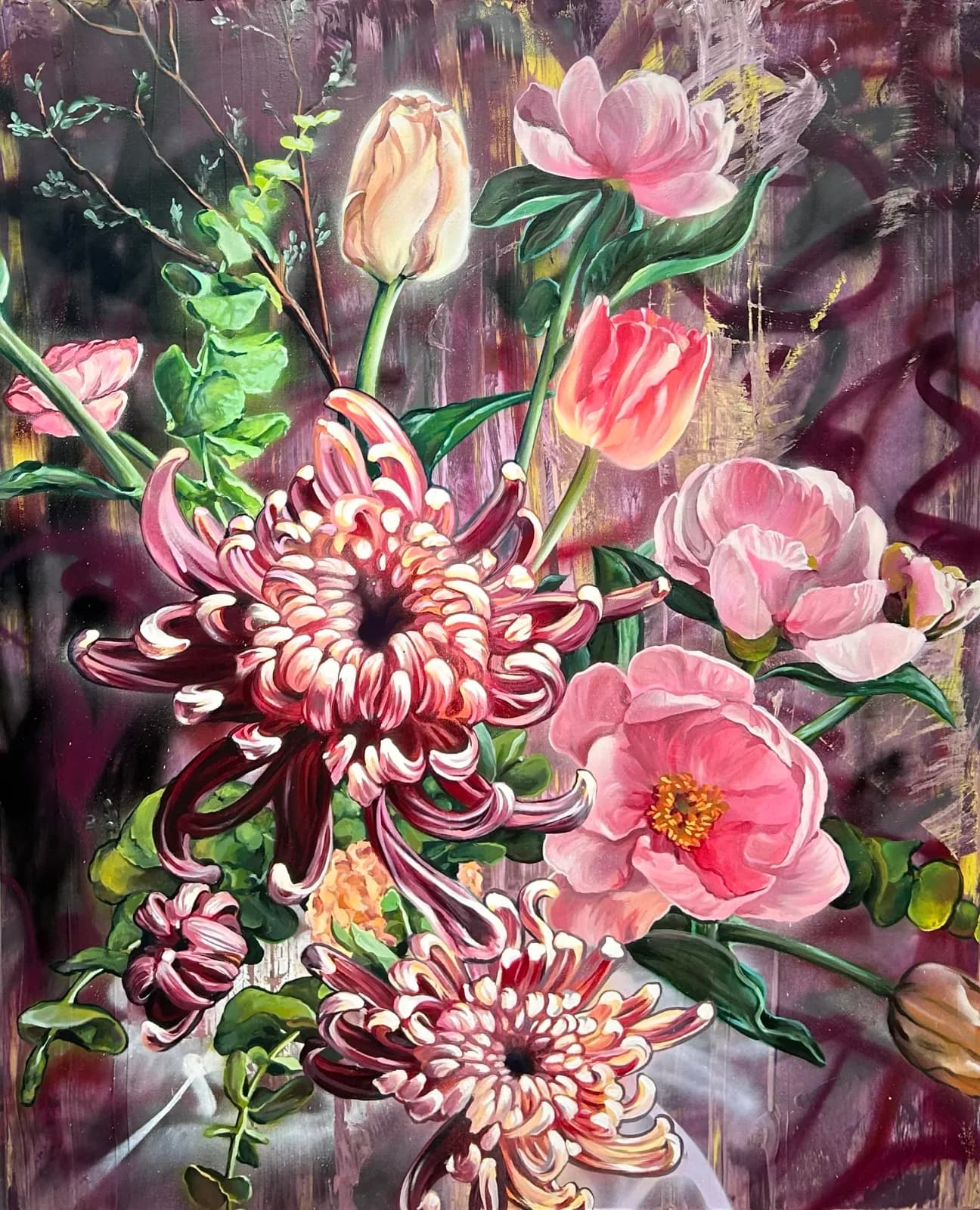 Vibrant acrylic painting of pink and red peonies, dahlias, and tulips against a textured purple background.