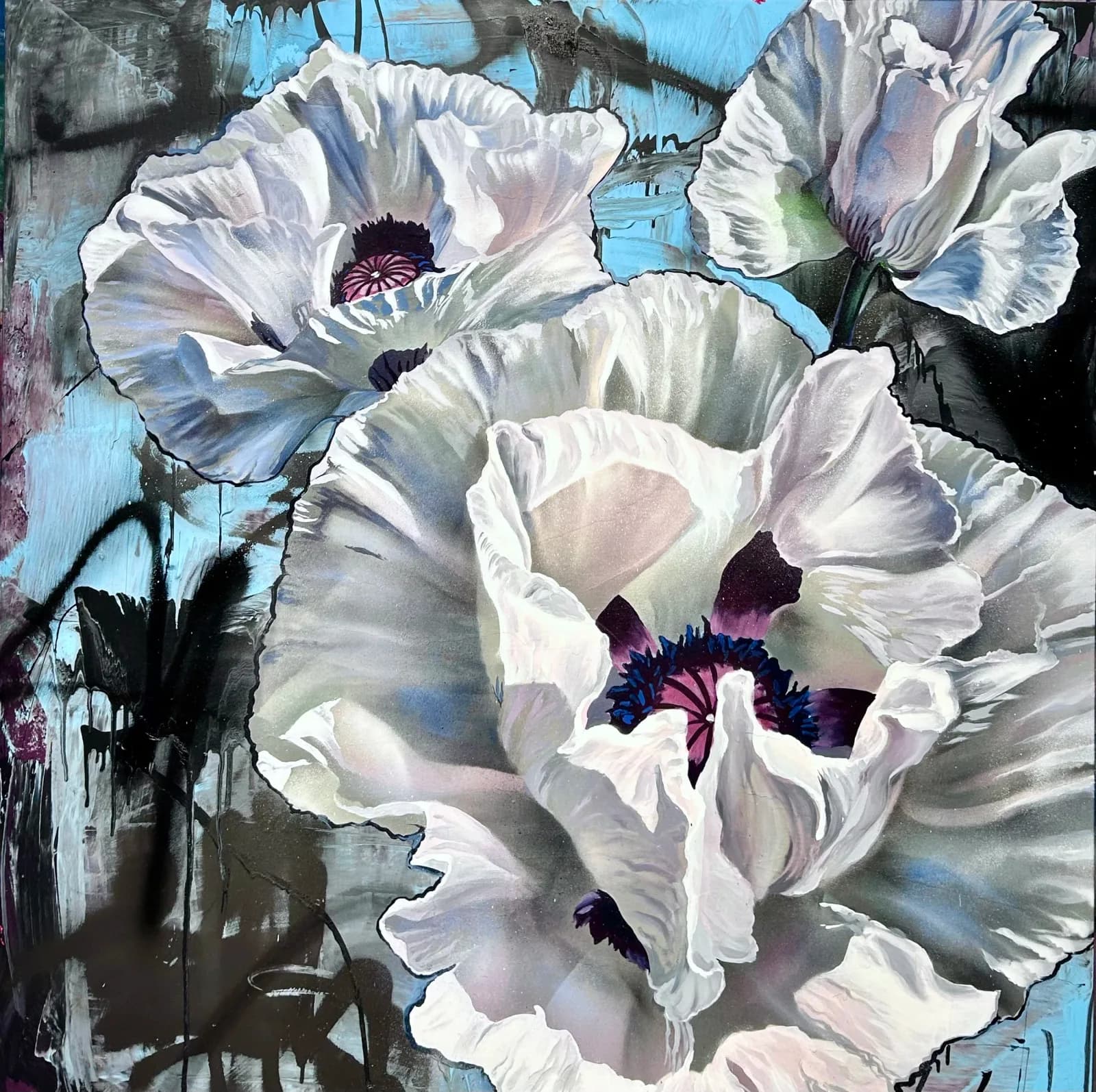 White anemone flowers with dark purple centers rendered in acrylic on a blue and gray background.