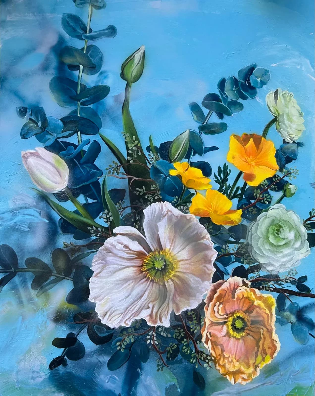 Oil painting of poppies, roses, and eucalyptus against a luminous blue background.