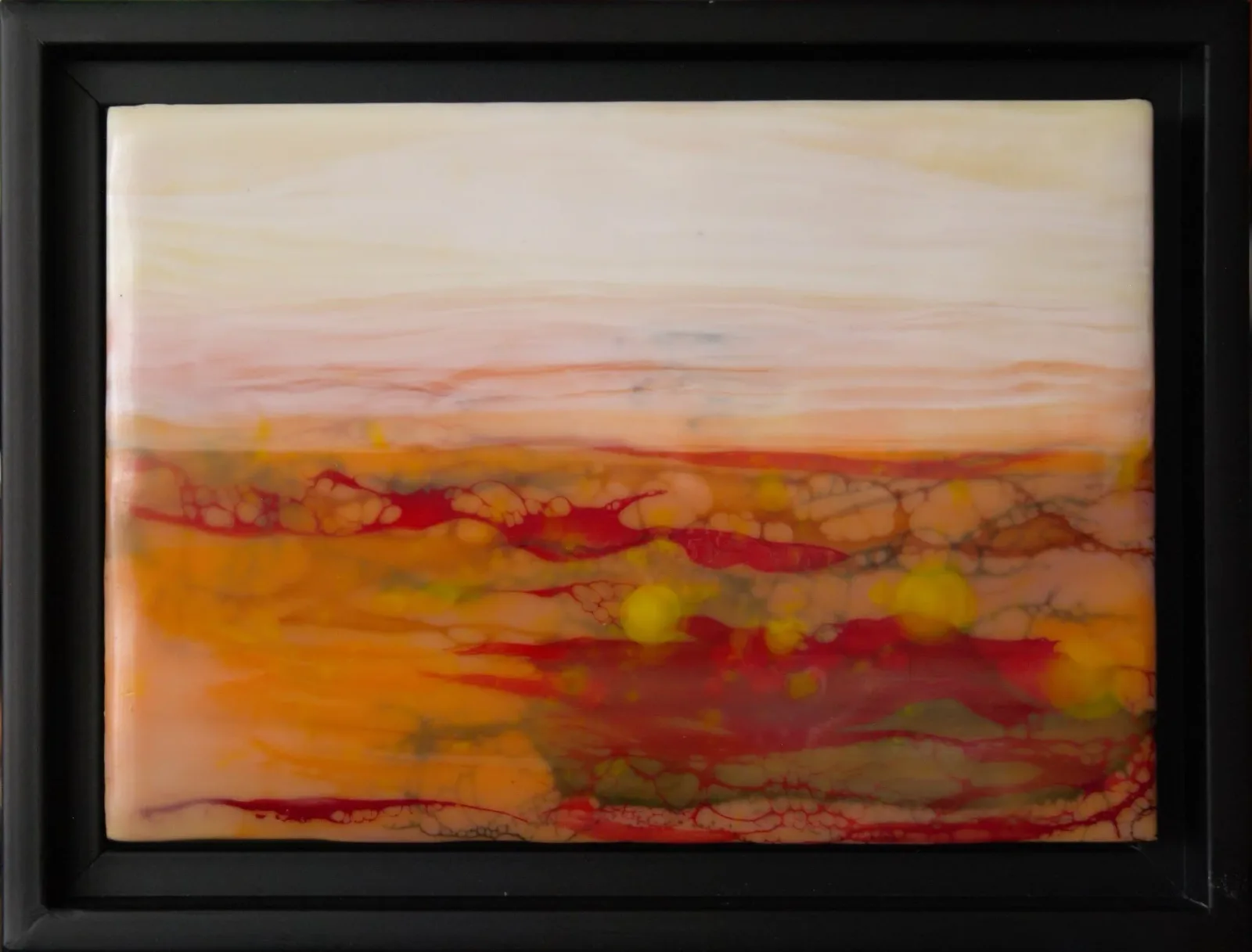 Abstract landscape in encaustic with layered warm tones and horizontal stratification evoking geological formations.