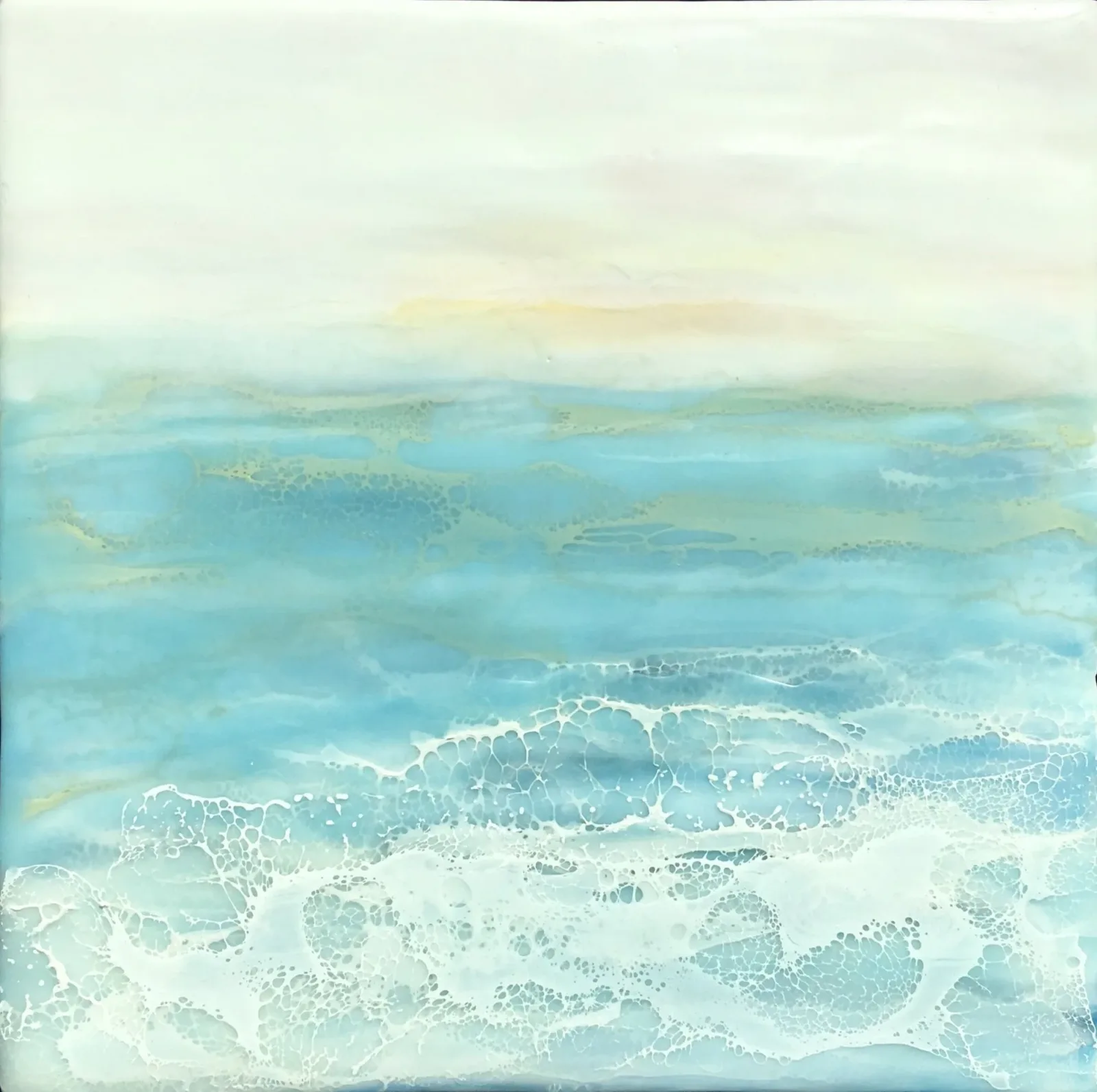 Ocean waves with layered foam and white crests rendered in soft acrylic tones of blue and cream.