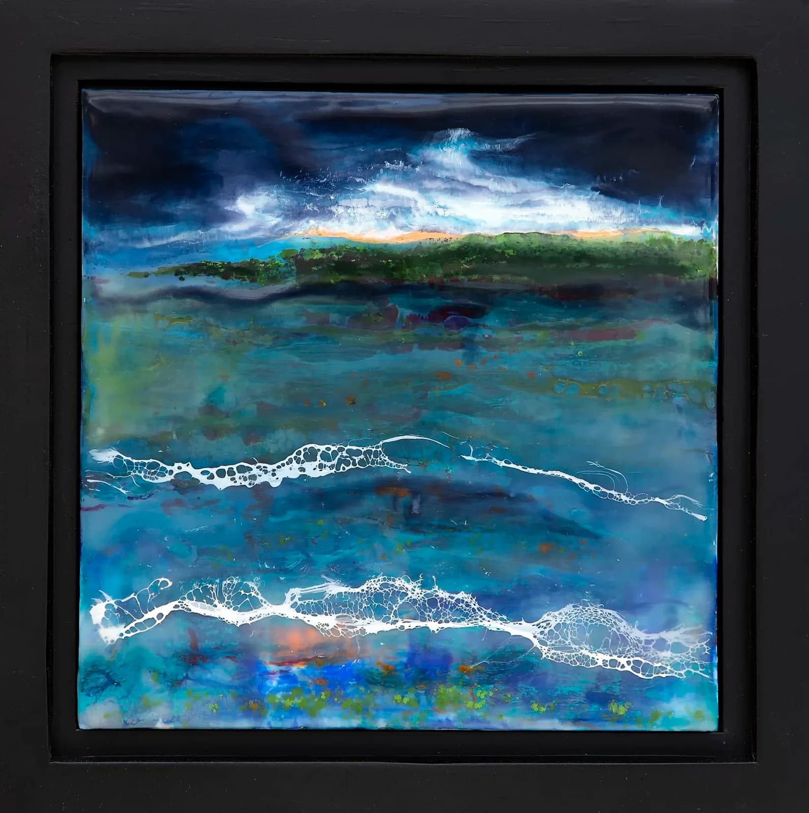 Abstract coastal landscape with layered water, white wave patterns, and green landmass beneath dramatic blue sky.