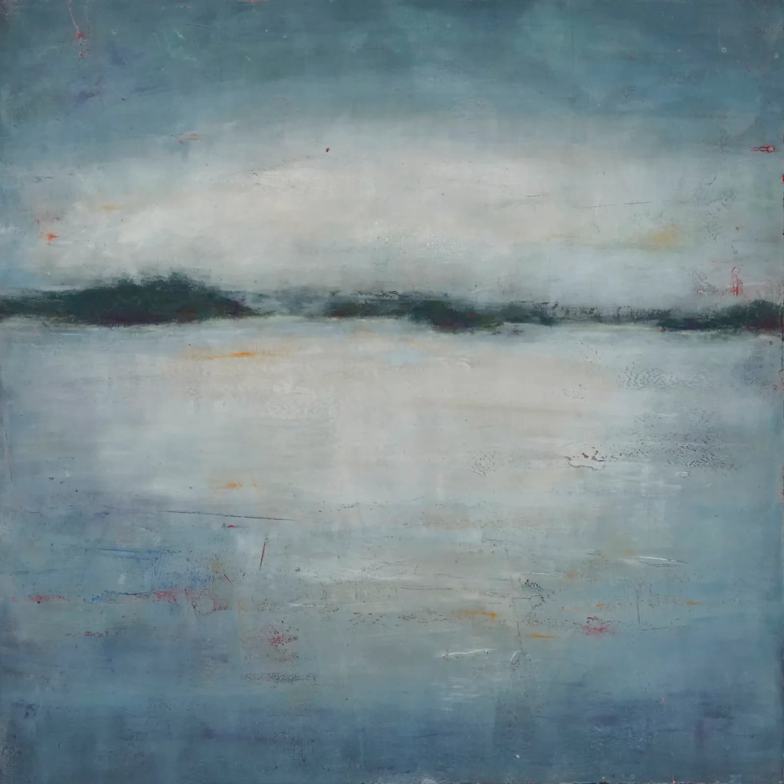 Minimalist landscape with mist-shrouded water and distant treeline, rendered in oil with soft, layered glazing.