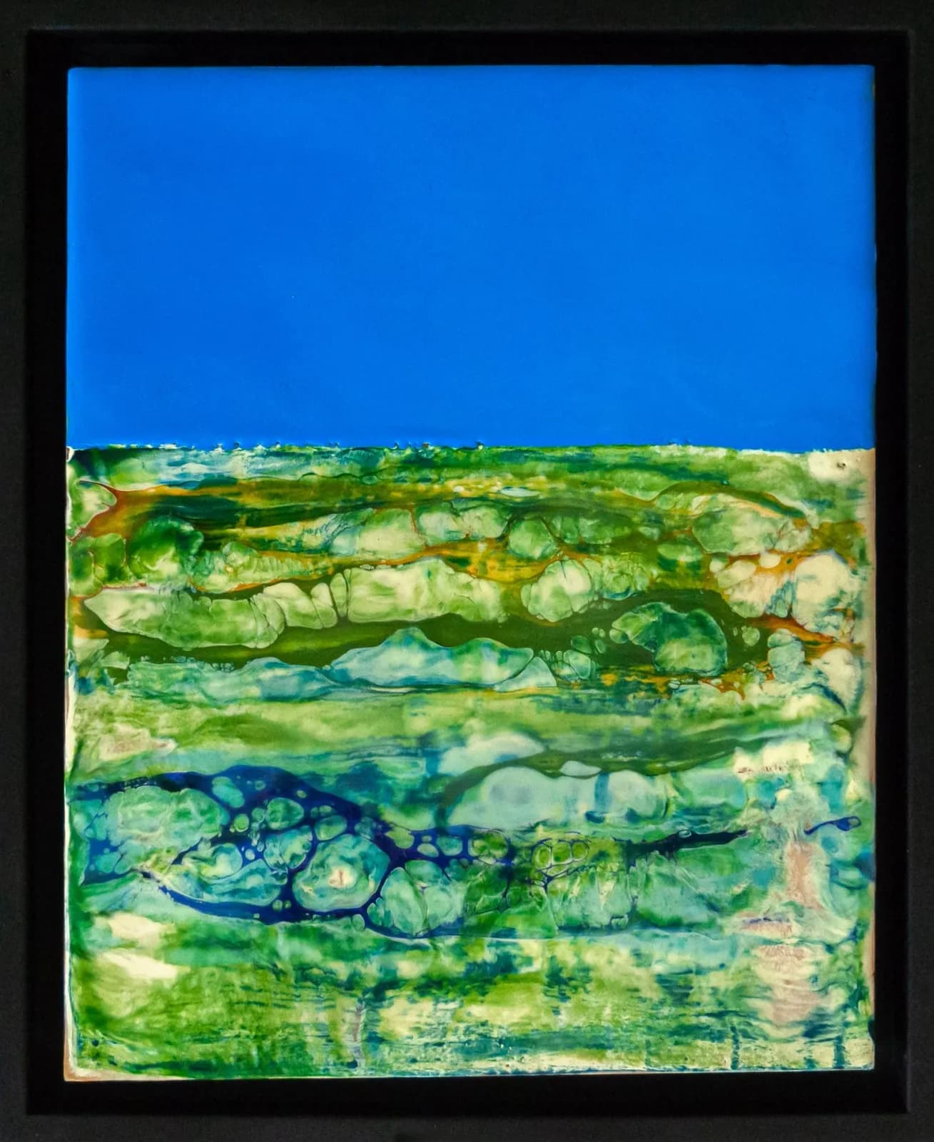 Encaustic abstract composition with layered horizontal strata in vibrant blue-green palette.