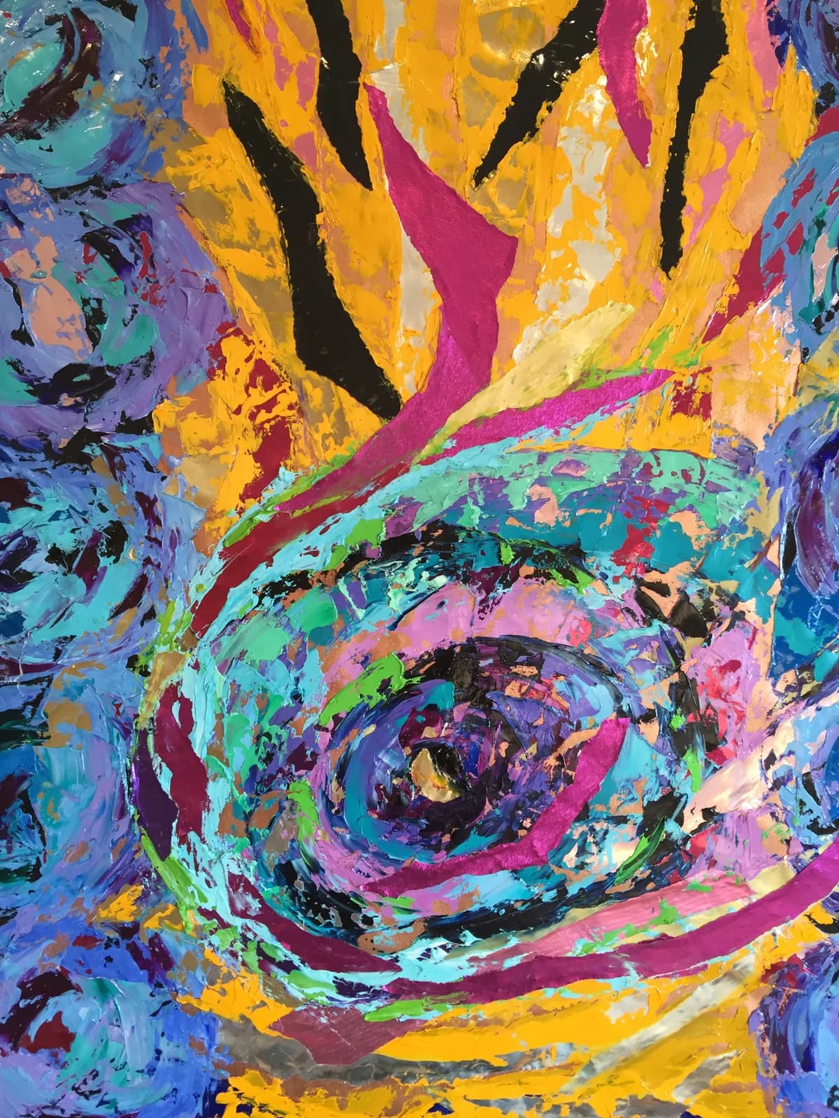 Abstract acrylic painting featuring a stylized eye rendered in vibrant yellow, magenta, blue, and black gestural marks.