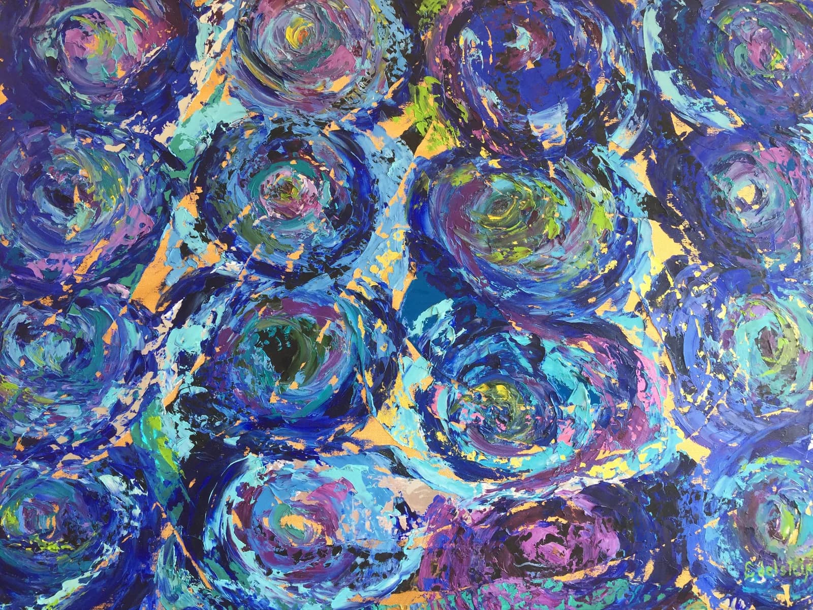 Abstract acrylic painting with dynamic swirling forms in vivid purples, blues, yellows, and greens.