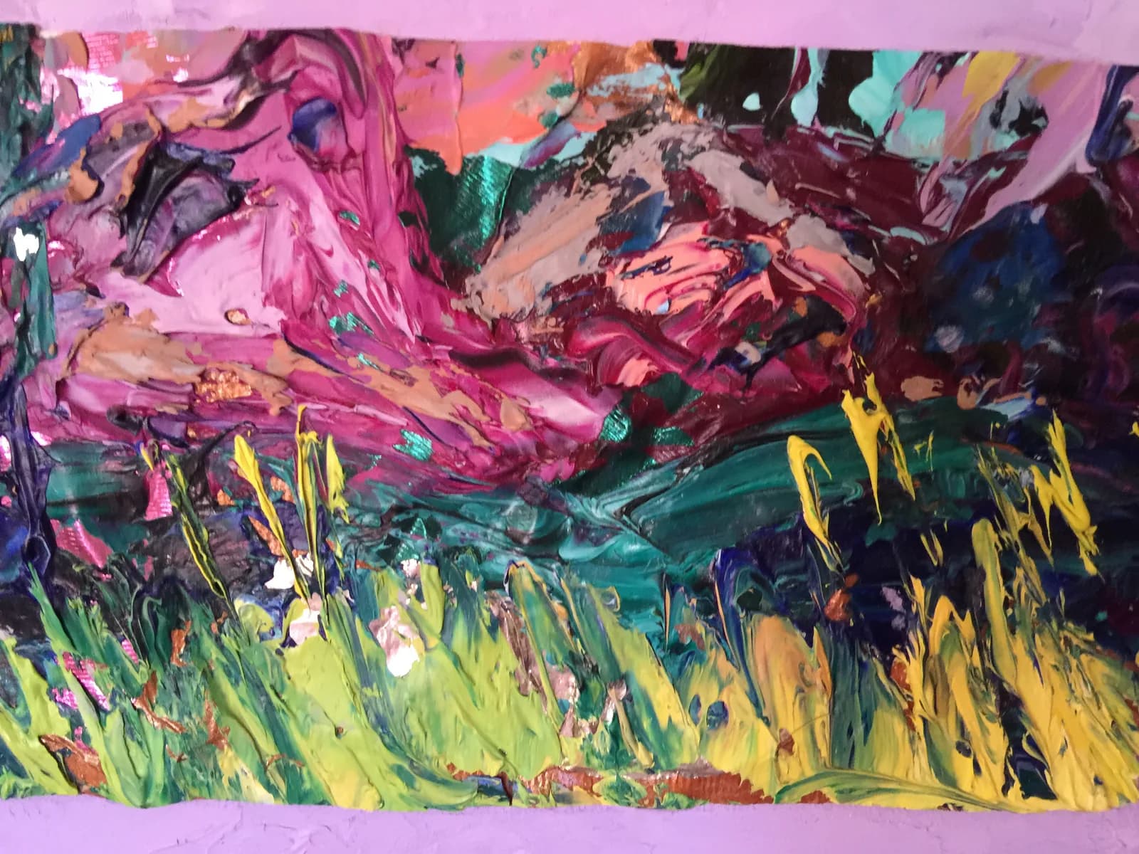 Abstract acrylic painting with layered gestural marks in magenta, yellow, teal, and chartreuse.