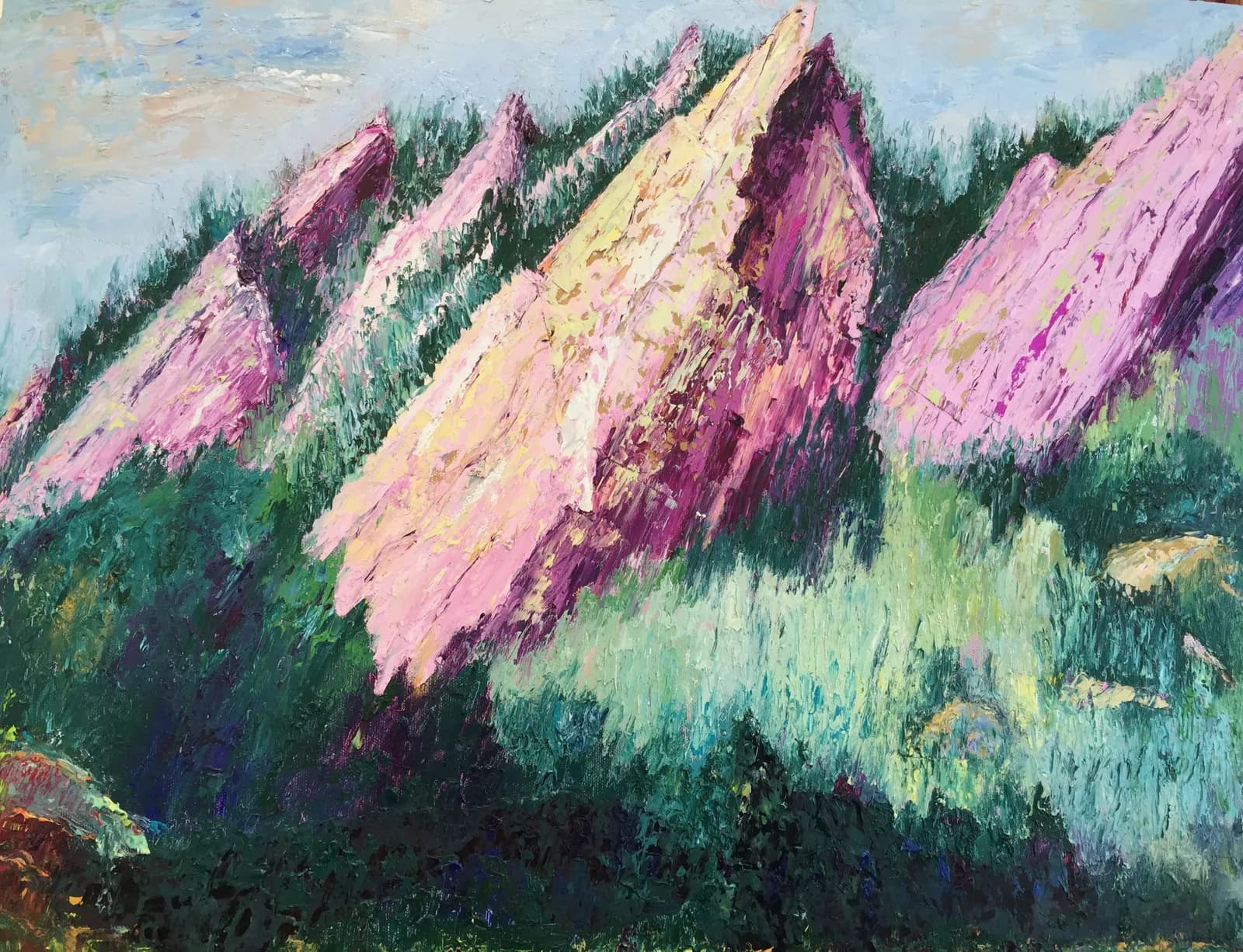 Oil painting of the Boulder Flatirons with tilted sandstone faces rendered in pink and magenta beneath a blue sky.