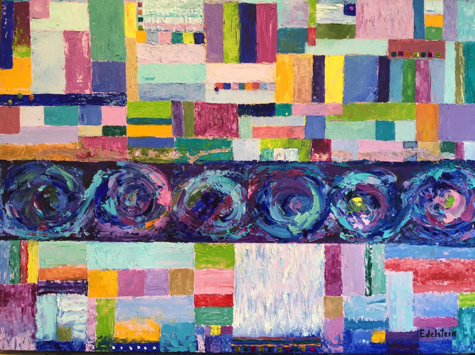Abstract acrylic painting combining geometric color blocks with swirling circular forms in vibrant palette.