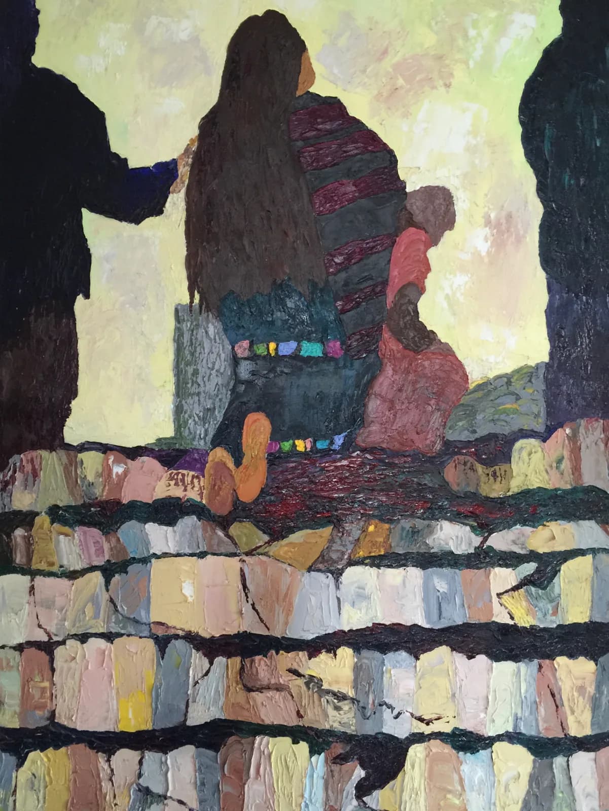 Abstract oil painting of a figure against a stacked stone wall with silhouetted forms and layered earth-toned palette.