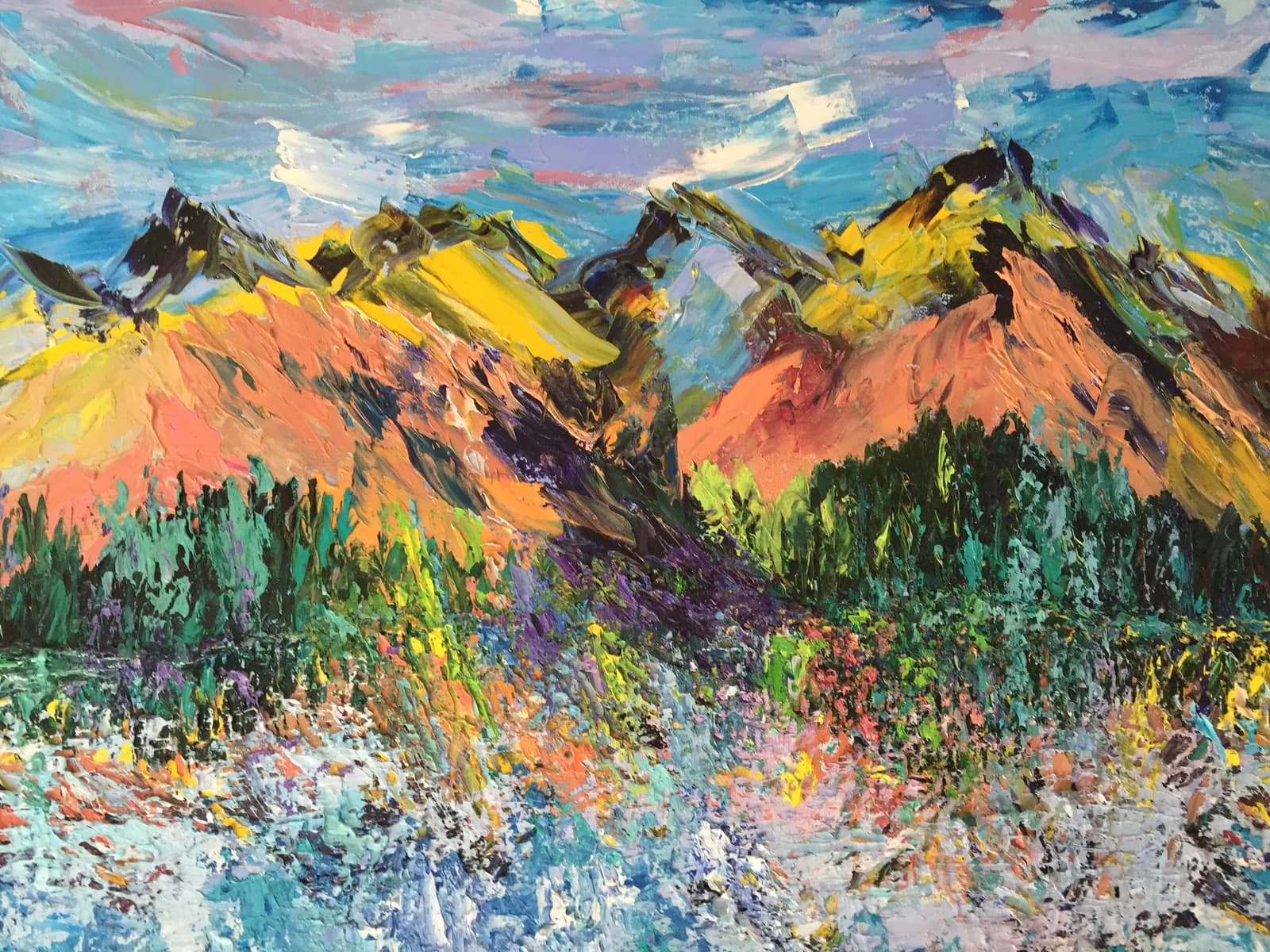 Colorful impressionist painting of the Boulder Flatirons with vibrant yellow and orange peaks beneath a dynamic sky.