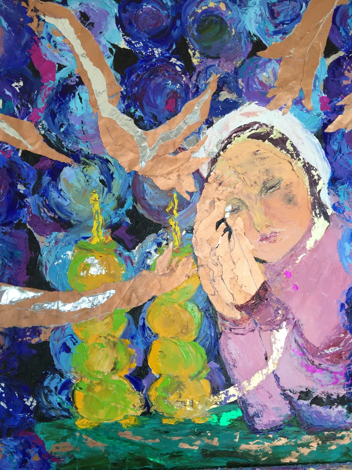 Expressive acrylic painting of a figure among fruit and organic forms in vivid blues, purples, and chartreuse.