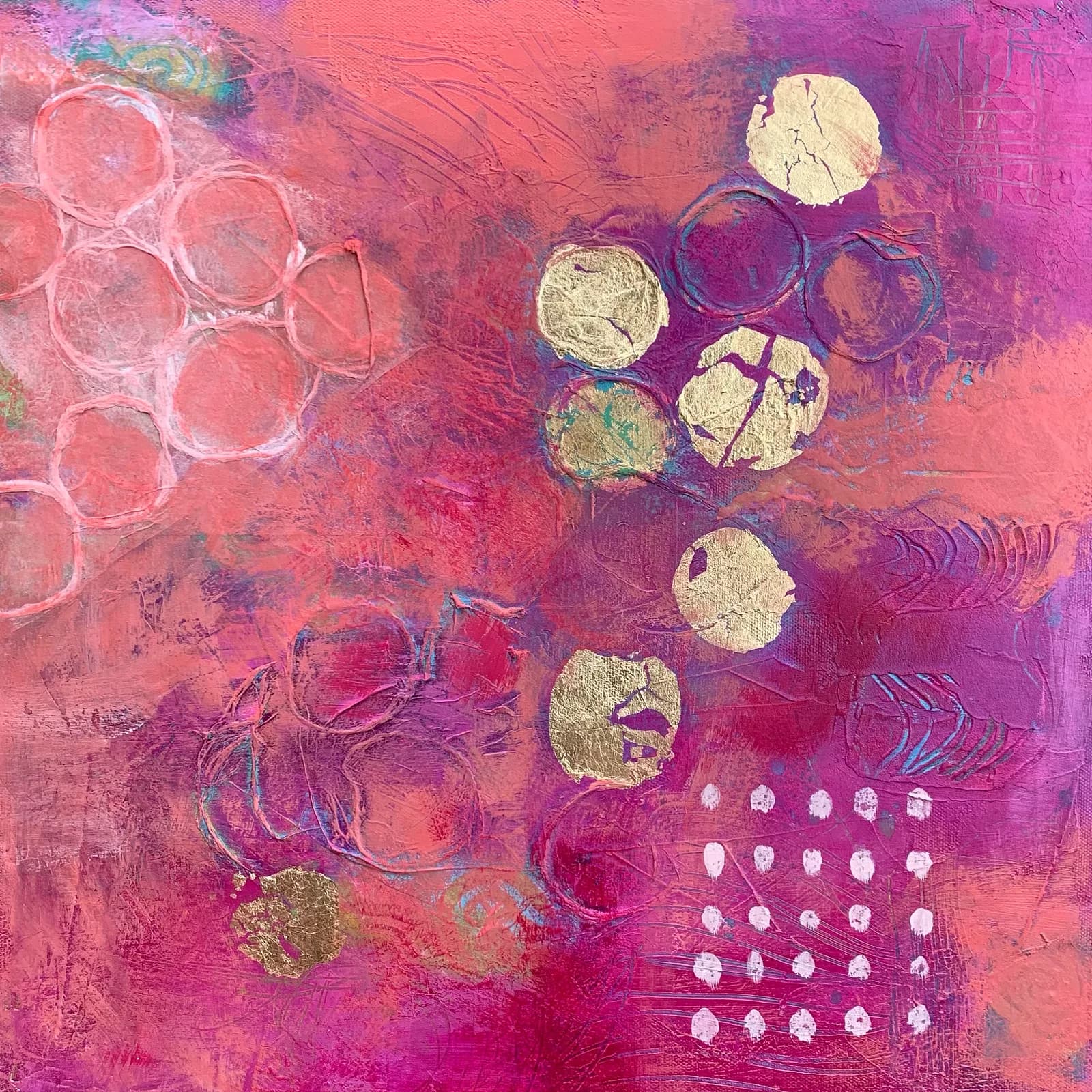 Abstract mixed-media composition with layered acrylic, circular forms, and gold leaf accents on a vibrant magenta ground.