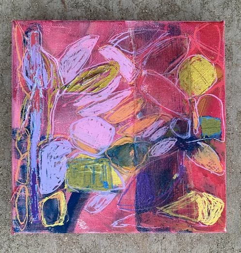 Abstract acrylic painting with gestural brushwork and layered color in pink, yellow, and blue.