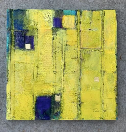 Abstract oil painting with dominant yellow palette, geometric rectangles, and deep blue accents.