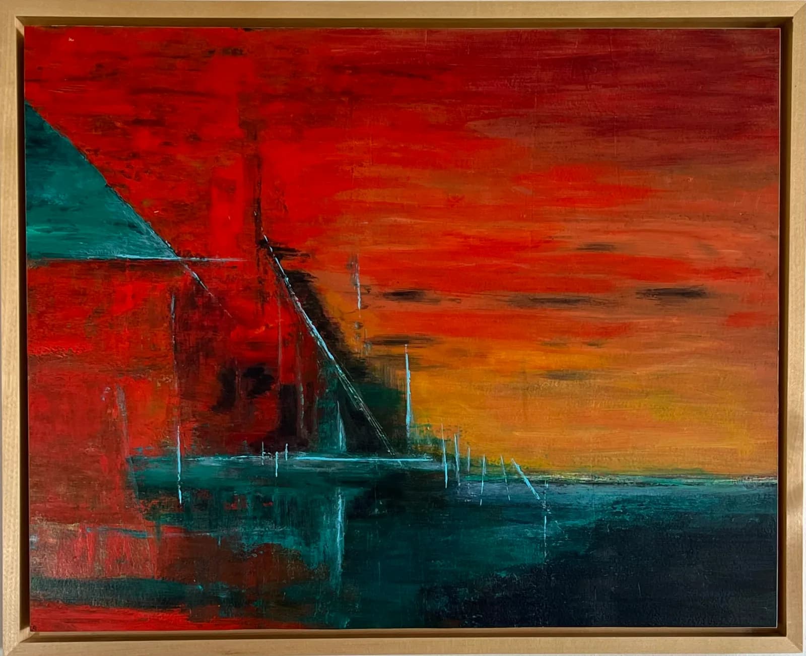 Abstract oil painting with bold red, teal, and orange geometric forms and a warm-to-cool color gradient.