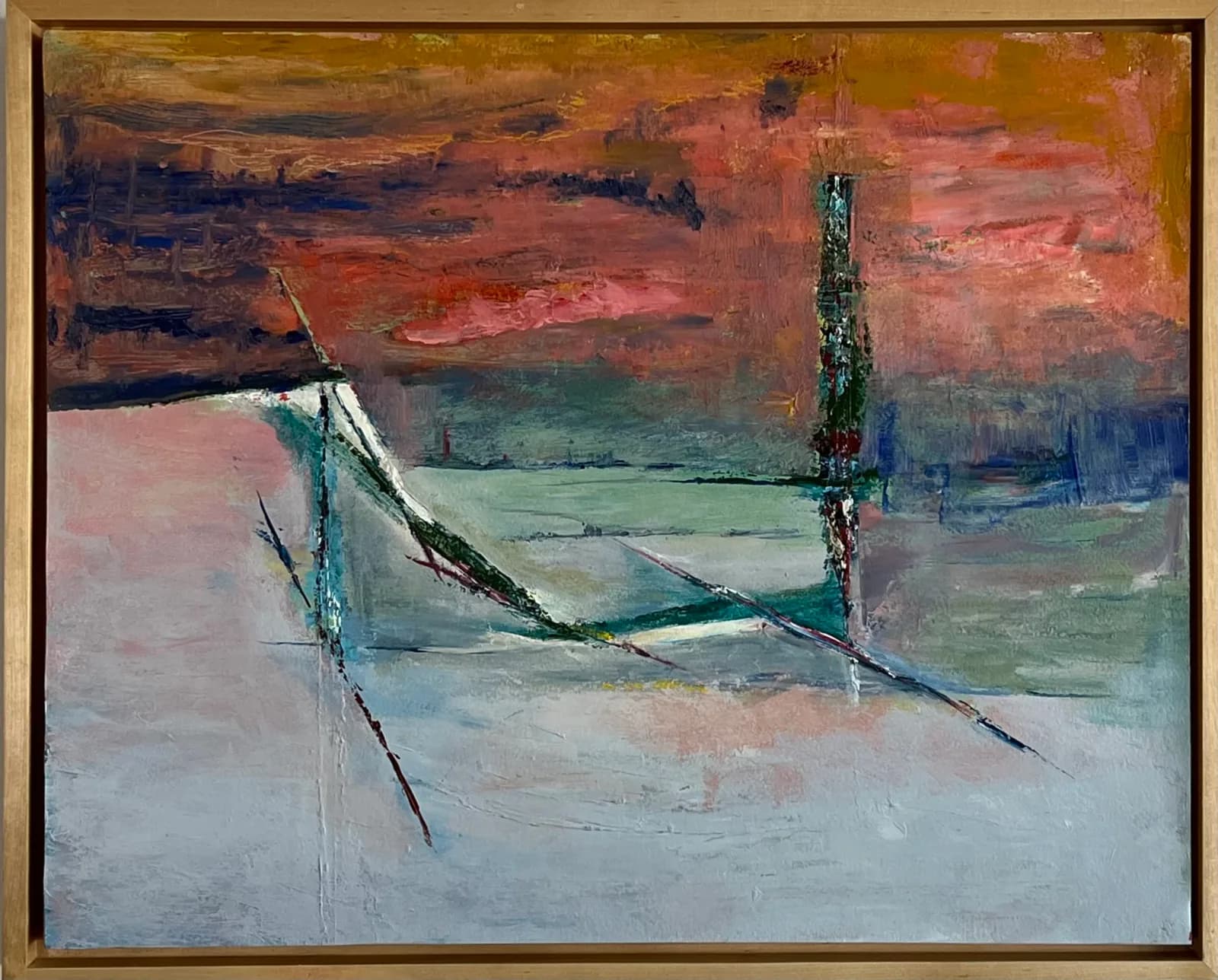 Moored boat in shallow water beneath a dramatic sky rendered in oil with warm and cool tones.