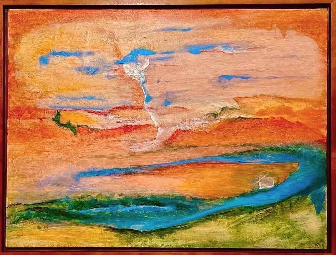 Abstract landscape with warm earth tones, flowing blue river, and layered geological formations in acrylic.