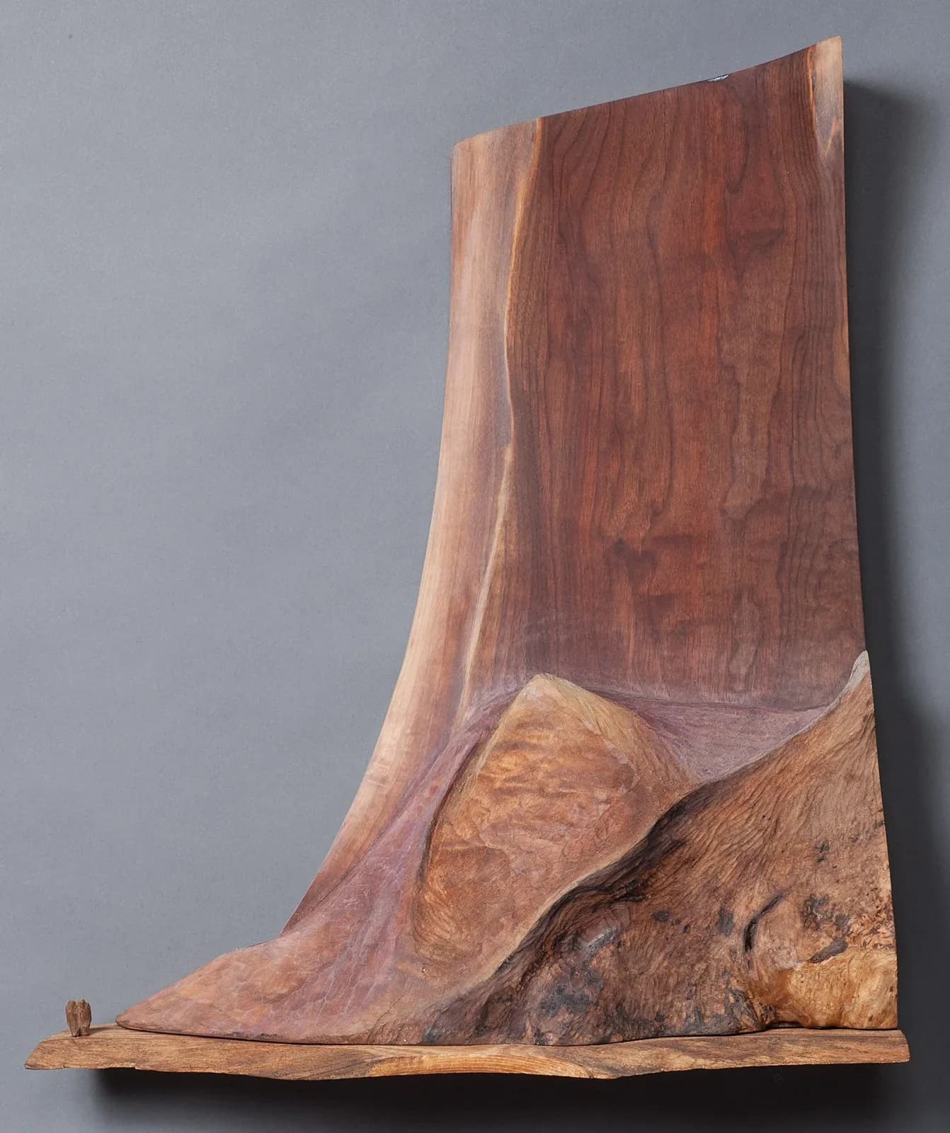 Abstract wood carving with natural edges, polished surfaces, and organic volumetric form.