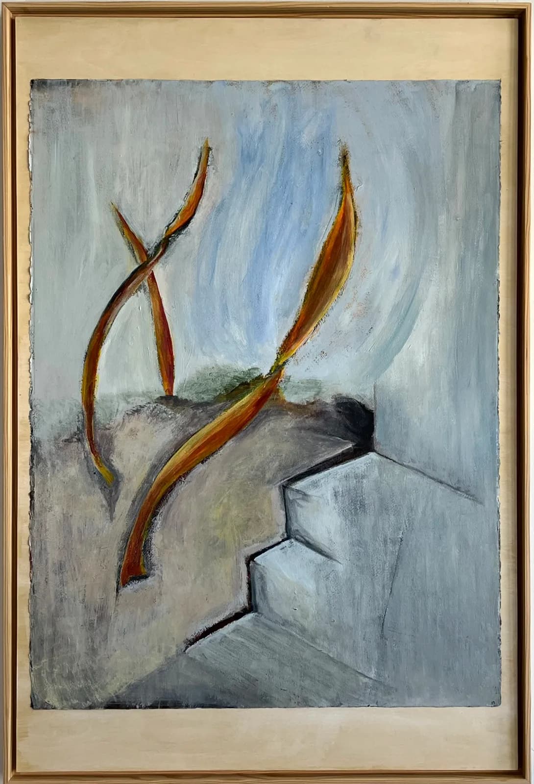 Abstract composition with organic curved forms in rust and gold tones set against geometric architectural elements.