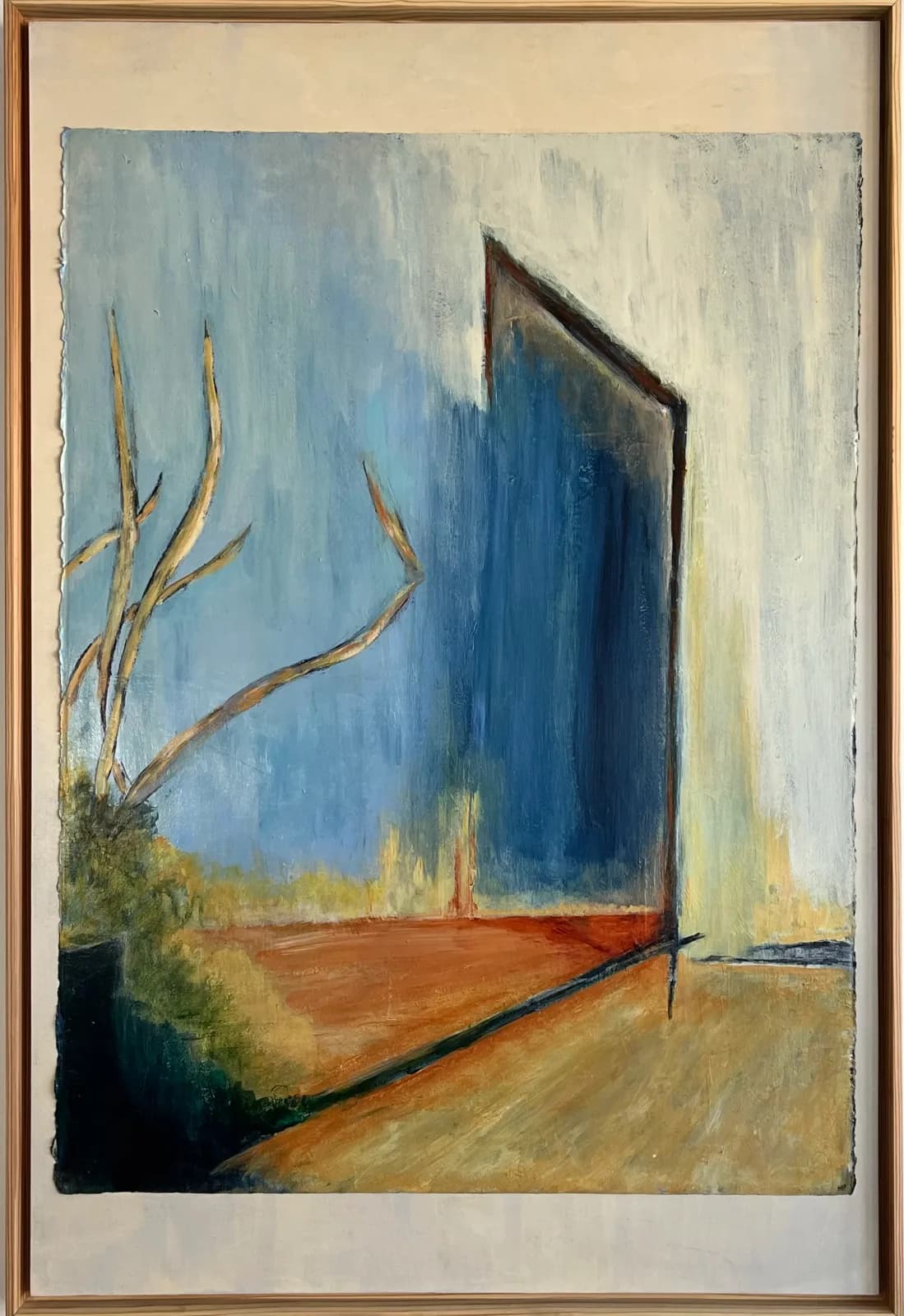 Desert landscape with bare branch and dark architectural form rendered in acrylic with muted earth and sky tones.