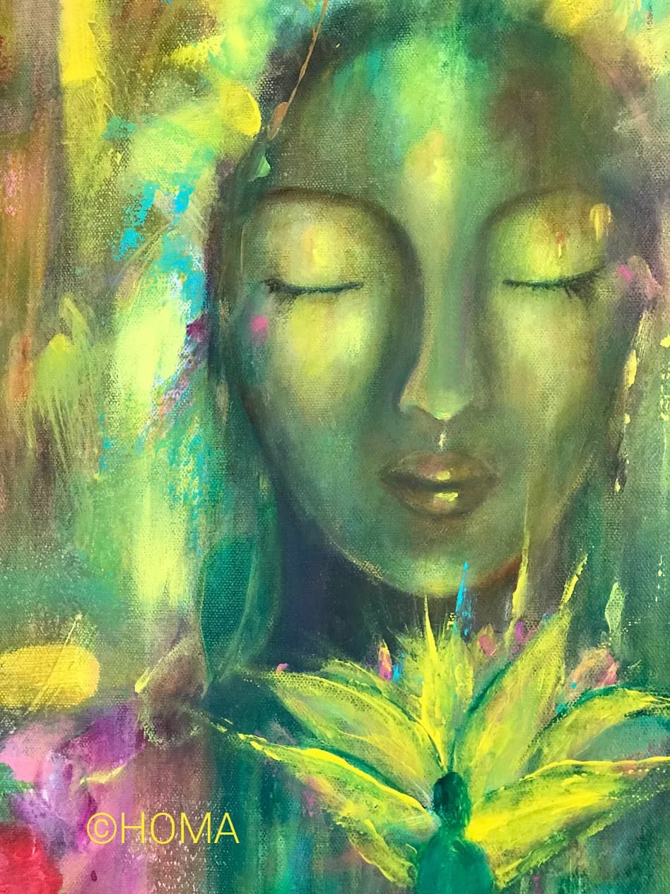Serene female face with closed eyes and yellow flower, rendered in olive and green acrylic tones.