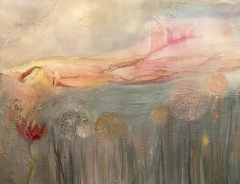 A surreal figure emerges above an abstracted floral landscape rendered in oil with soft taupes, celadon, and muted rose tones.
