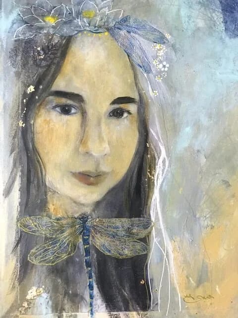 A contemplative portrait of a woman wearing a delicate floral crown and dragonfly pendant, rendered in layered acrylic with soft blues and straw tones.