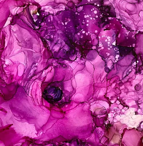 Abstract ink composition in pompadour and orchid hues with flowing organic forms and spherical elements.