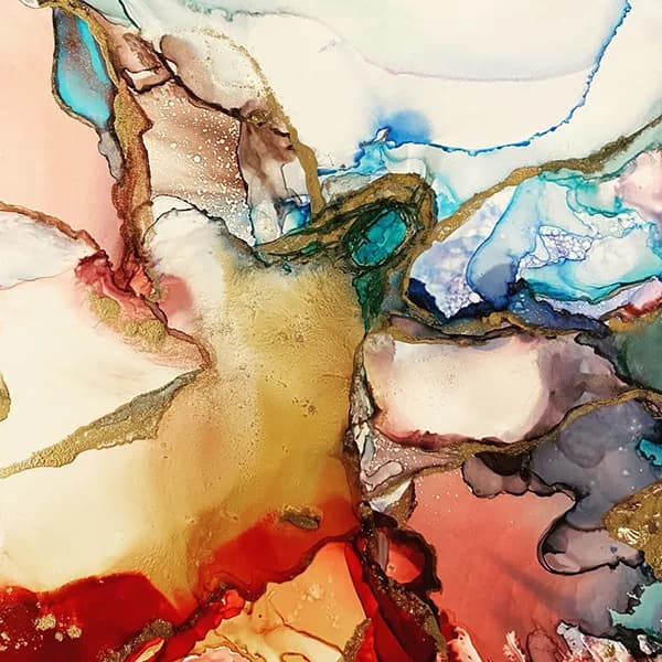 Abstract ink painting with flowing turquoise, old brick red, and parchment tones merging across the composition.