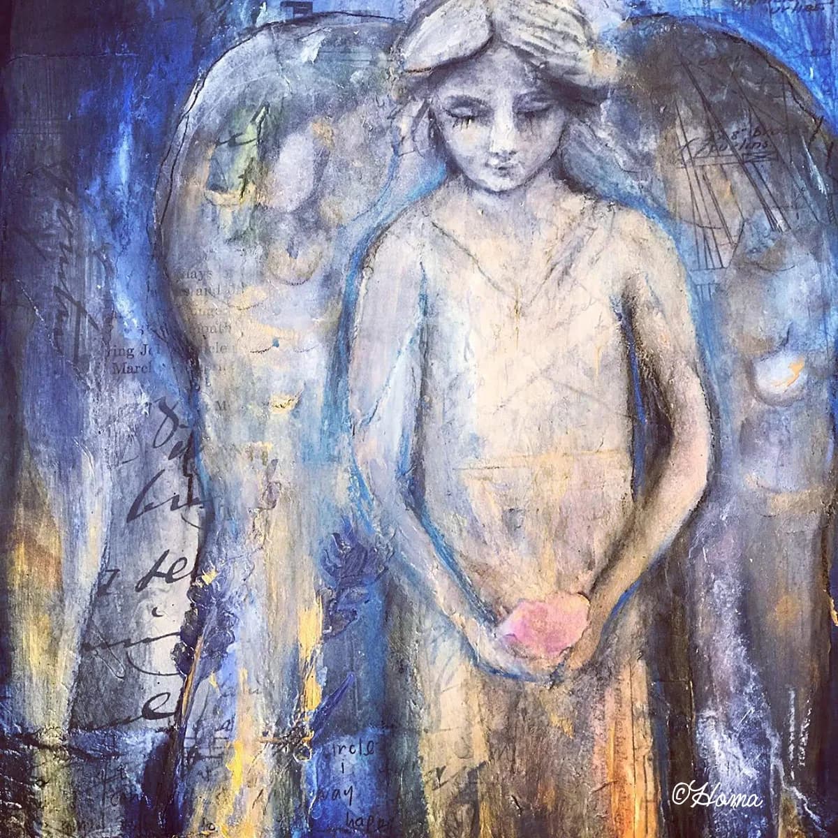 Winged angelic figure with layered text in acrylic, ink, and mixed media on blue and ochre background.