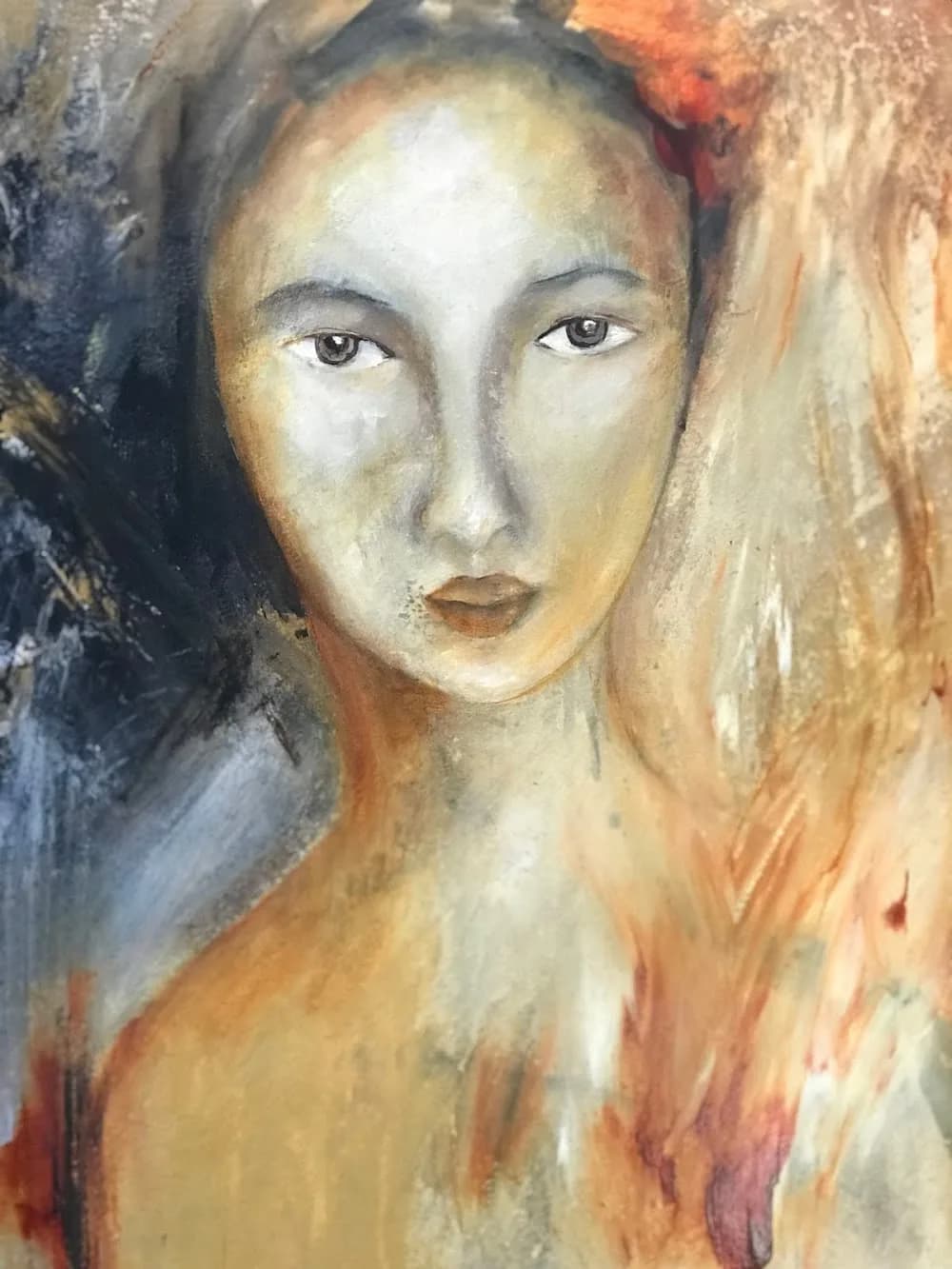 Portrait of a woman with warm twine and muddy water tones, painted in acrylic with loose gestural brushwork.