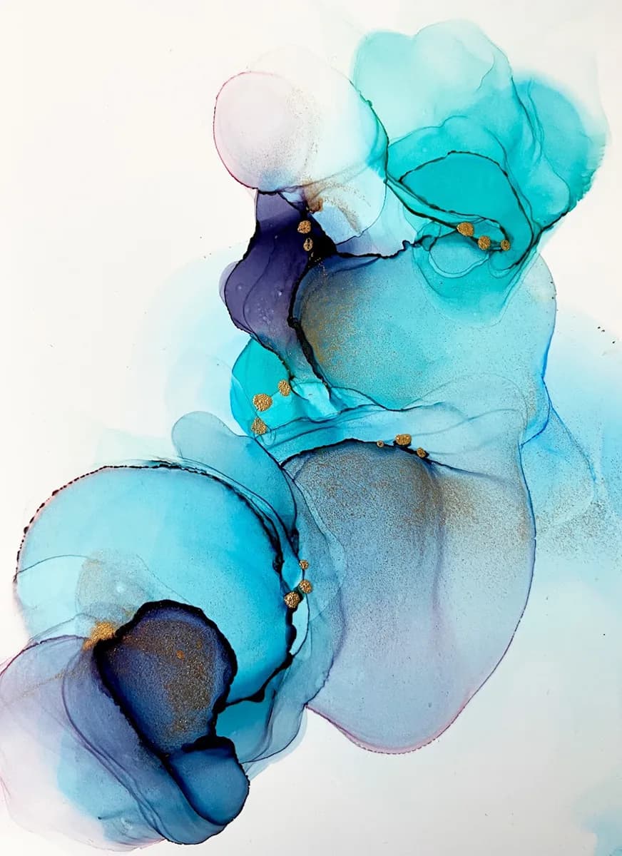 Abstract watercolor composition with layered turquoise, navy, and white translucent washes accented with gold details.