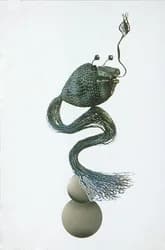 Abstract ceramic sculpture with stacked organic forms in blue smoke and sage green tones.