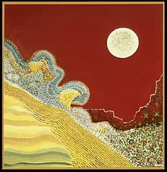 Abstract landscape with moon over golden sand dunes and reddish earth beneath a dark sky.