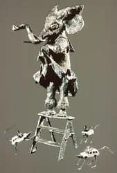 Abstract metal sculpture of a dynamic figure mounted on a ladder-like structure.