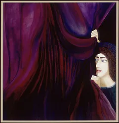 Oil portrait of a woman in profile against deep purple and black drapery, with subtle theatrical lighting.