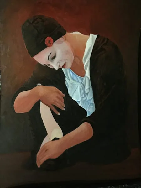 Portrait of a seated figure in oil, rendered in warm earth tones and pale skin tones against a dark background.