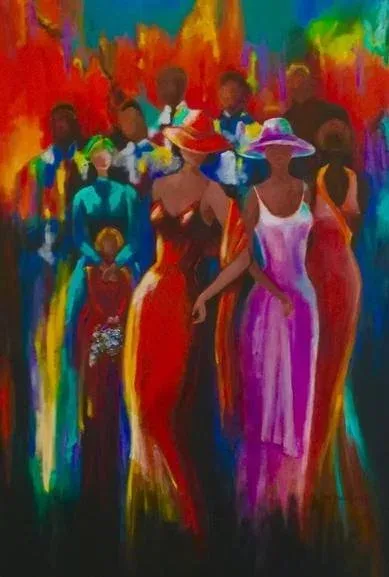 Abstract painted figures in vibrant red, plum, and teal gathered in a luminous crowd composition.