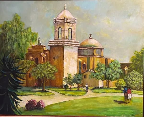 A southwestern mission with terracotta domes and adobe walls set in a lush green landscape, rendered in oil with warm earthen tones.