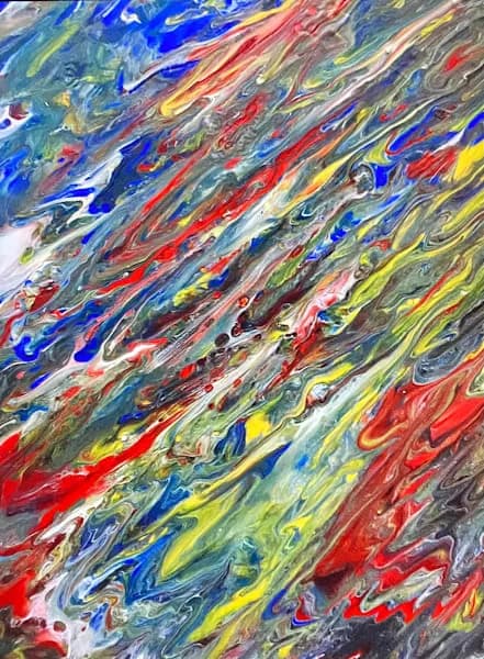 Abstract acrylic painting with layered gestural strokes in blue, red, yellow, and gray.