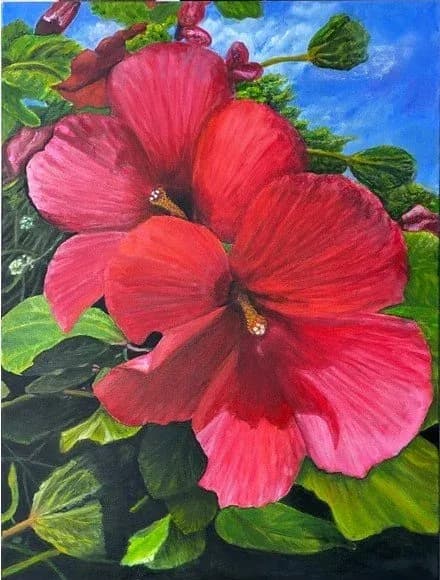 Red hibiscus flowers with verdant foliage against an azure sky, rendered in acrylic.