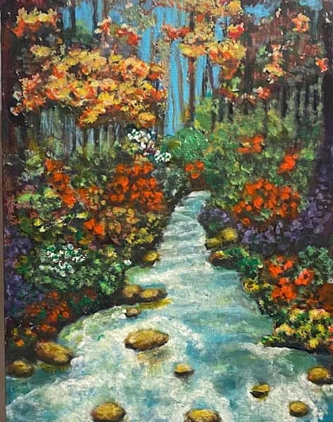 A vibrant acrylic painting of a flower-lined stream winding through an arched garden of golden and orange blooms.