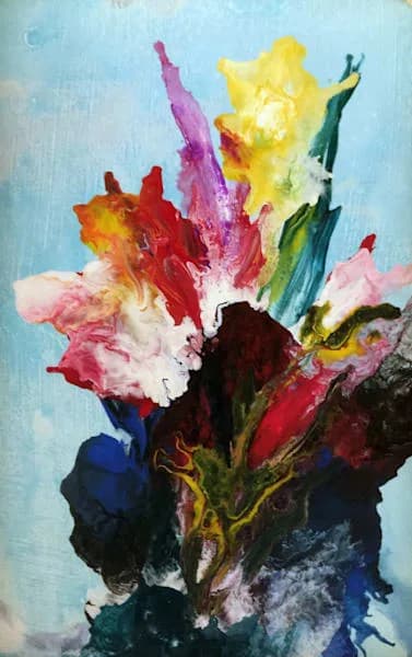 A vibrant bouquet of multi-colored flowers rendered in loose, gestural acrylic brushwork against a soft blue background.