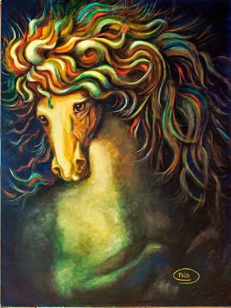 A horse portrait with flowing, multicolored mane rendered in oil paint against a dark, atmospheric background.