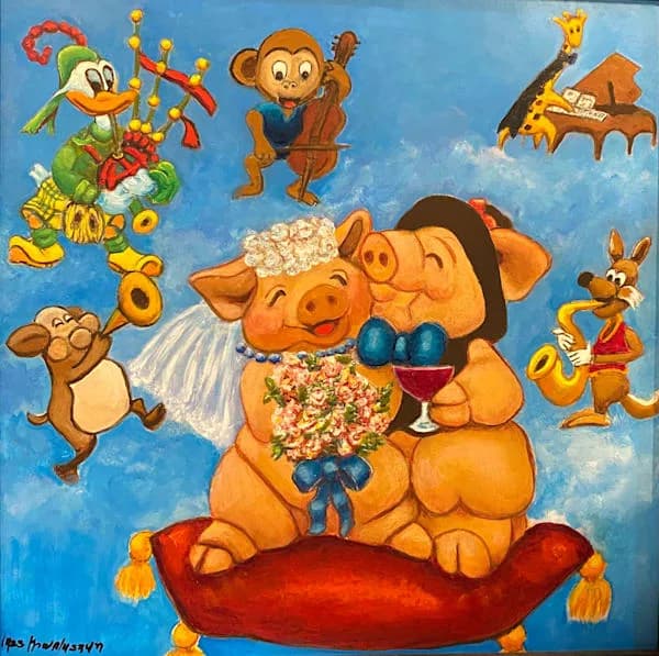 A whimsical painting of a plump pig on a red boat surrounded by playful animals and falling corn kernels against a bright blue sky.