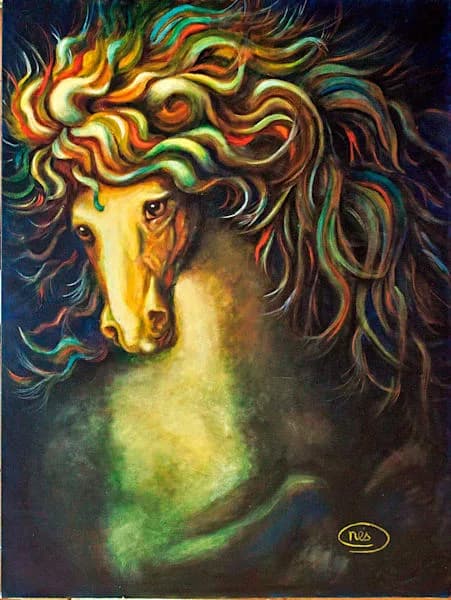 Surrealist oil portrait of a horse with a flowing, multicolored mane rendered in yellows, oranges, and teals.