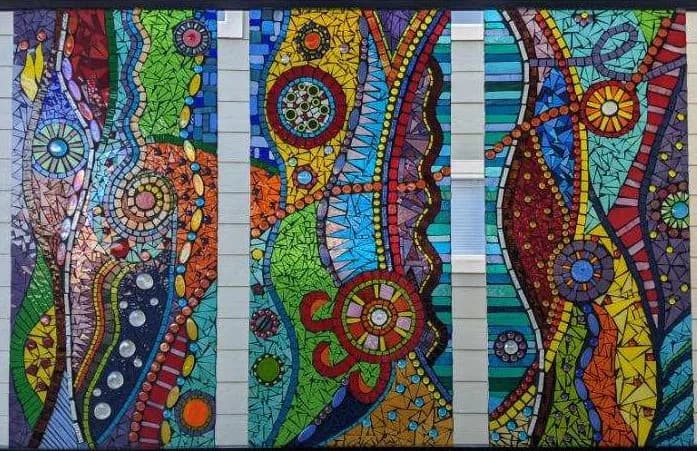 Abstract mosaic-inspired composition with intricate geometric patterns in kelp, nutmeg, and tower gray.