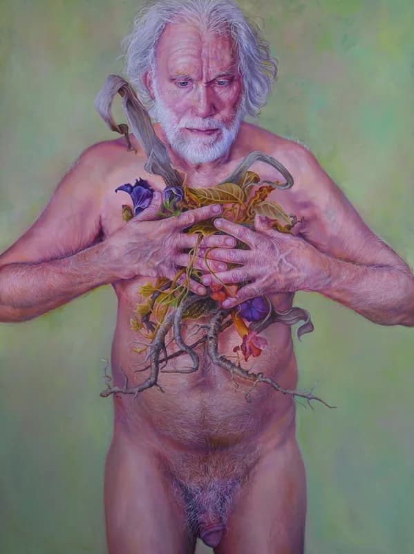 Oil portrait of an elderly man holding flowering vines across his torso, rendered in photorealistic detail with eggplant and bouquet tones.